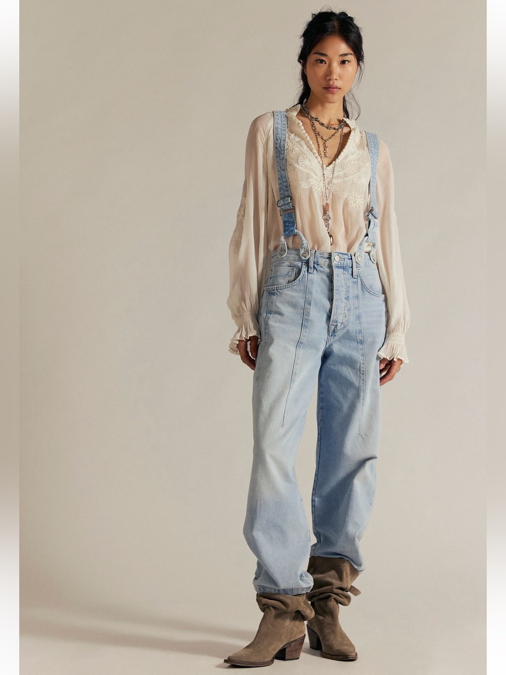 Free People Berkeley Suspender Jeans in shade Homecoming- Light Blue Denim - Picture 13 of 15